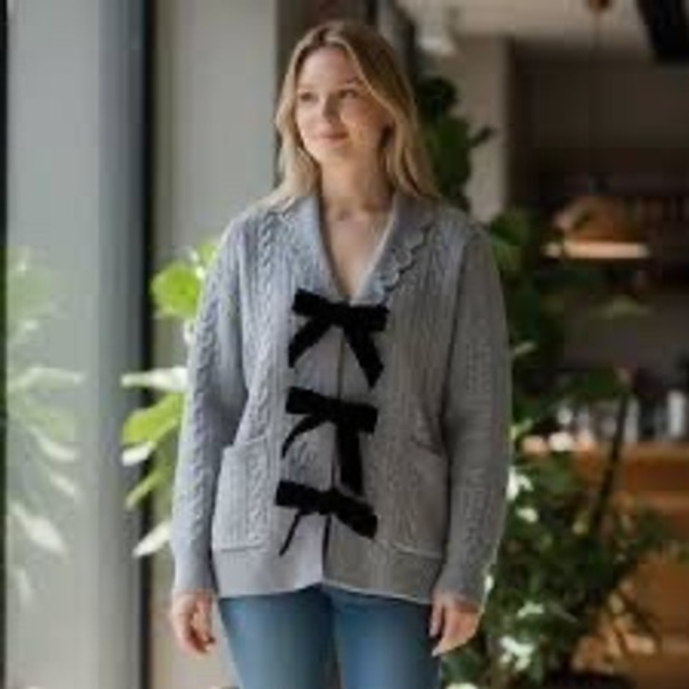 Joie Womens M Gray Cable Knit Cardigan Sweater Black Velvet Bow Tie Front NWT